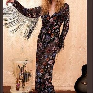 Hippie Shake Shake It Out Burnout Velvet Fringe Sheer Jumpsuit Wide Leg Size 10